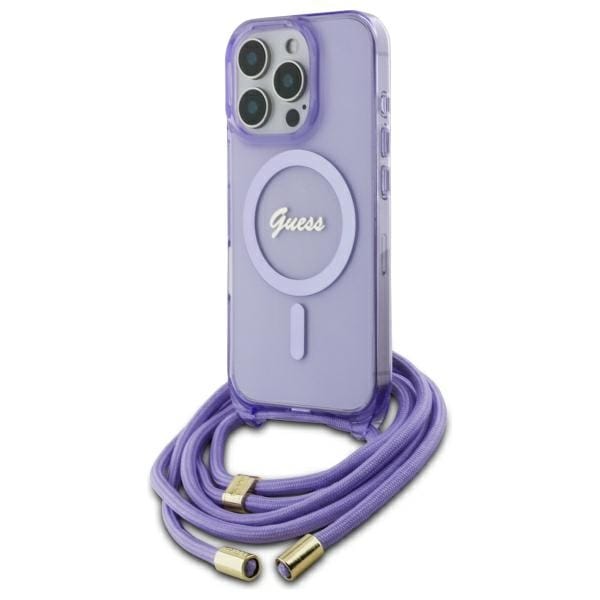 Guess Crossbody Cord Script MagSafe-kotelo iPhone 16 Pro:lle - violetti