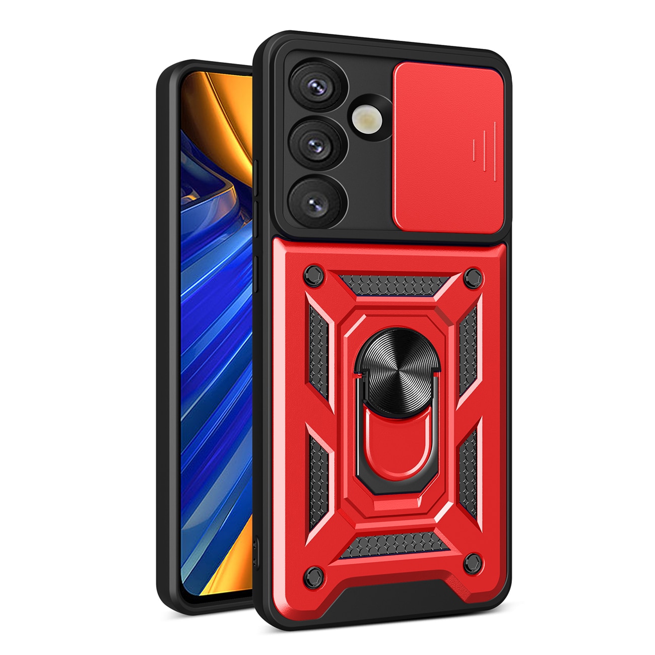 Hybrid Armor Camshield kamerasuojalla ja metallirenkaalla Samsung Galaxy S25:lle - punainen