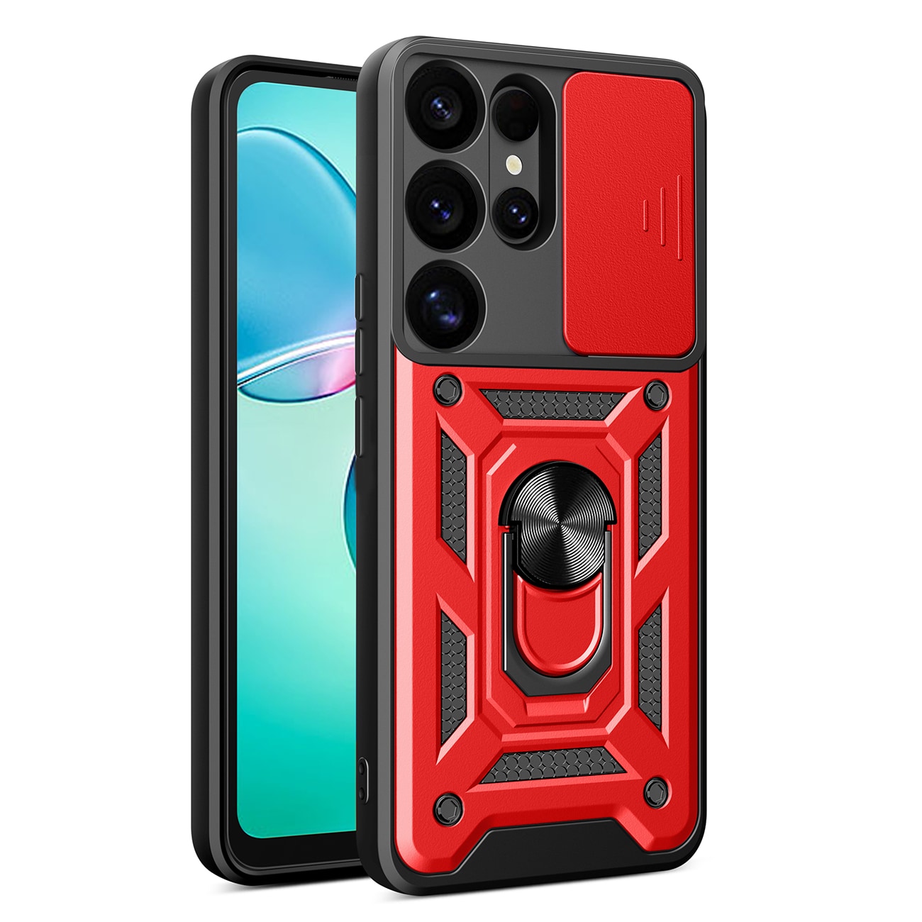 Hybrid Armor Camshield kamerasuojalla ja metallirenkaalla Samsung Galaxy S25 Ultra - punainen