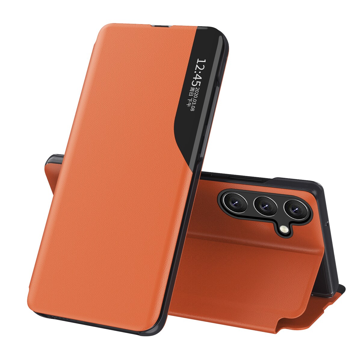 Eco Leather View Case tyylikäs kotelo, jossa läppä ja jalusta toiminto Samsung Galaxy A56 - oranssi