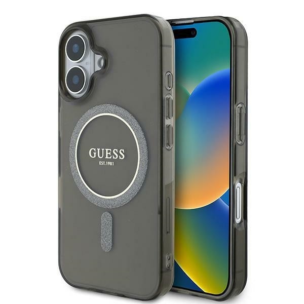 Guess IML Glitter Circle MagSafe -kotelo iPhone 16:lle - musta