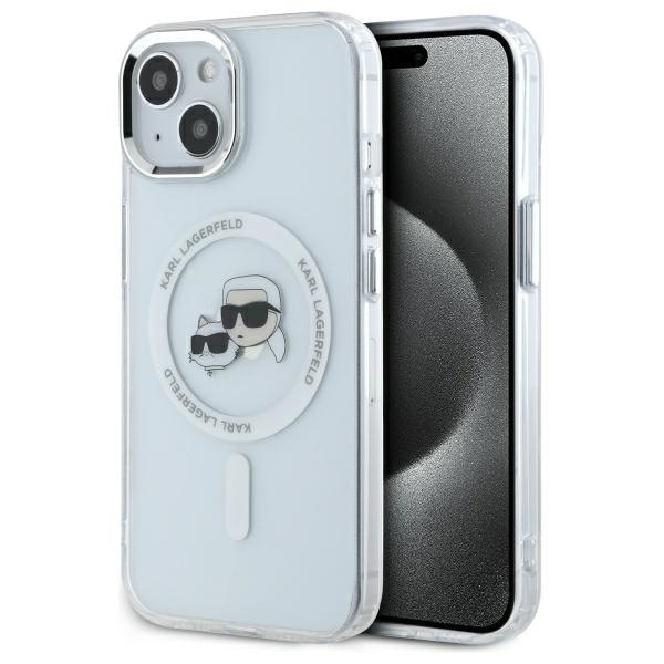 Karl Lagerfeld IML Metal Karl&Choupette Head MagSafe iPhone 15 Kotelo - Valkoinen