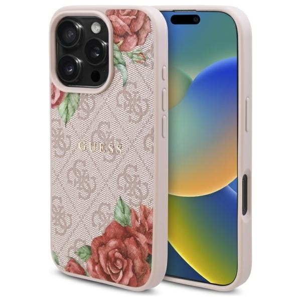 Guess GUHMP16LP4ROPEMCP iPhone 16 Pro 6.3" pinkki/pinkki kovakotelo 4G Flowers Print MagSafe