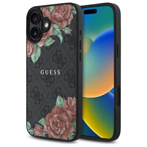 Guess GUHMP16SP4ROPEMCK iPhone 16 6.1" musta/musta kovakotelo 4G Flowers Print MagSafe