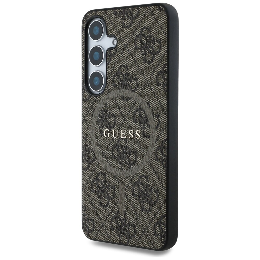 Guess Nahka 4G värillinen rengas Classic Logo MagSafe Samsung Galaxy S25 kotelo ruskea