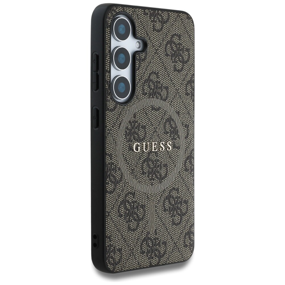Guess Nahka 4G värillinen rengas Classic Logo MagSafe Samsung Galaxy S25 kotelo ruskea