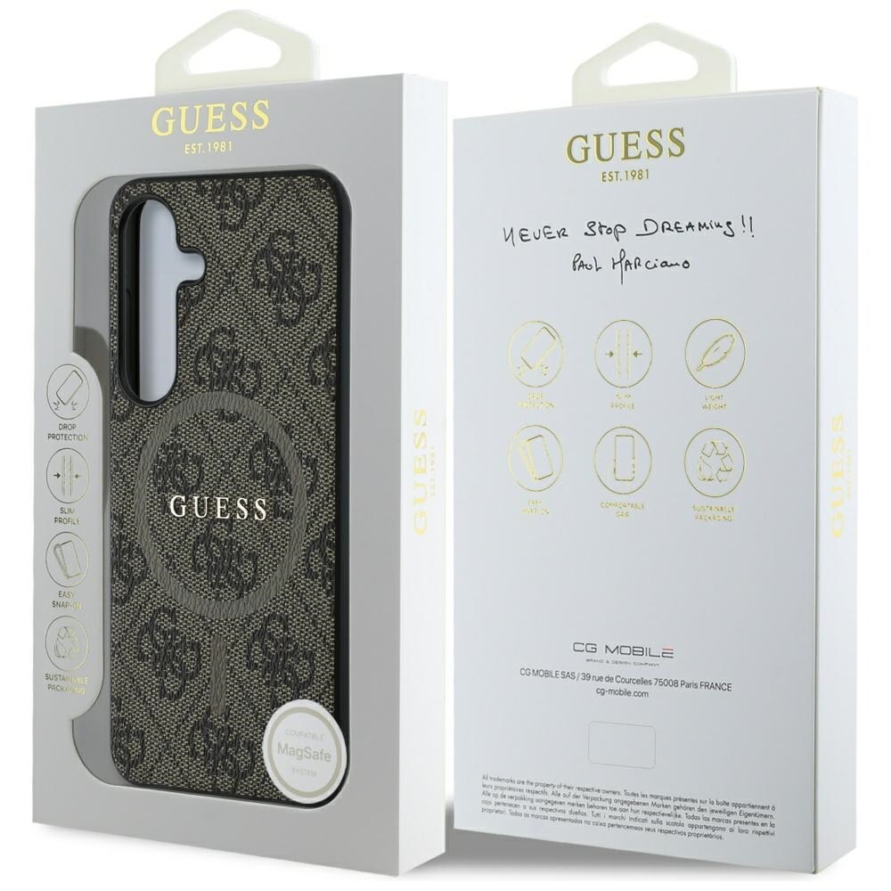 Guess Nahka 4G värillinen rengas Classic Logo MagSafe Samsung Galaxy S25 kotelo ruskea