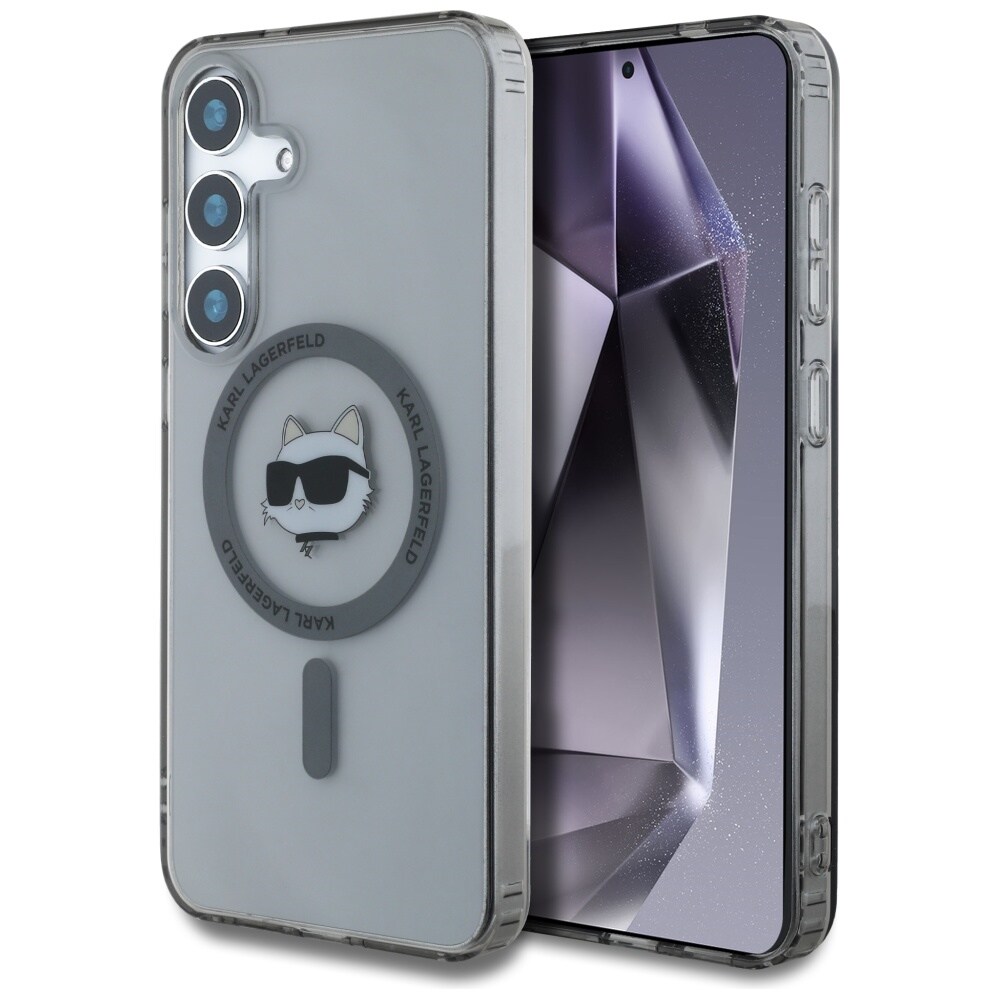 Karl Lagerfeld Button Choupette Head painettu logo MagSafe Samsung Galaxy S25 tapauksessa musta