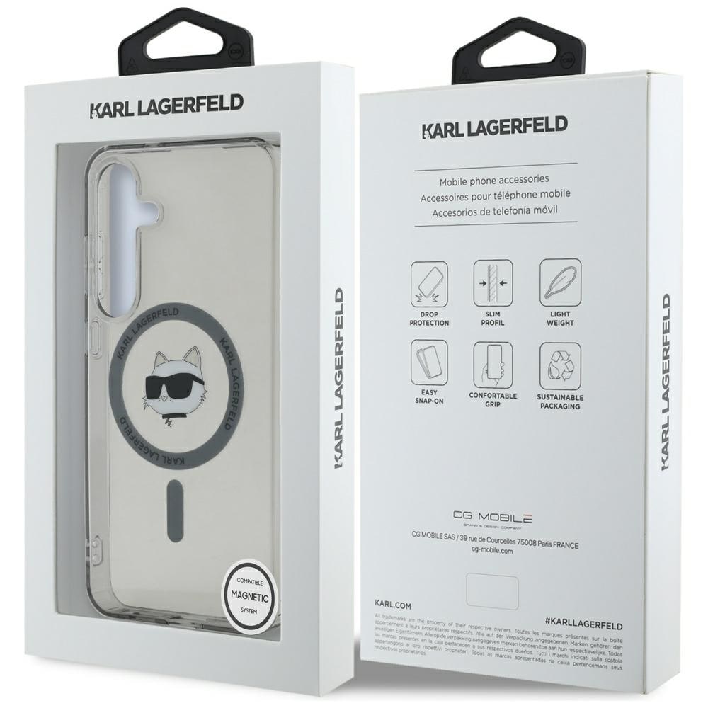 Karl Lagerfeld Button Choupette Head painettu logo MagSafe Samsung Galaxy S25 tapauksessa musta