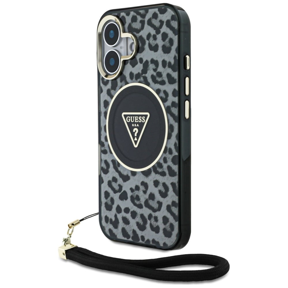 Guess HC IML Leopard Triangle johtohihna MagSafe tapauksessa iPhone 16 - musta