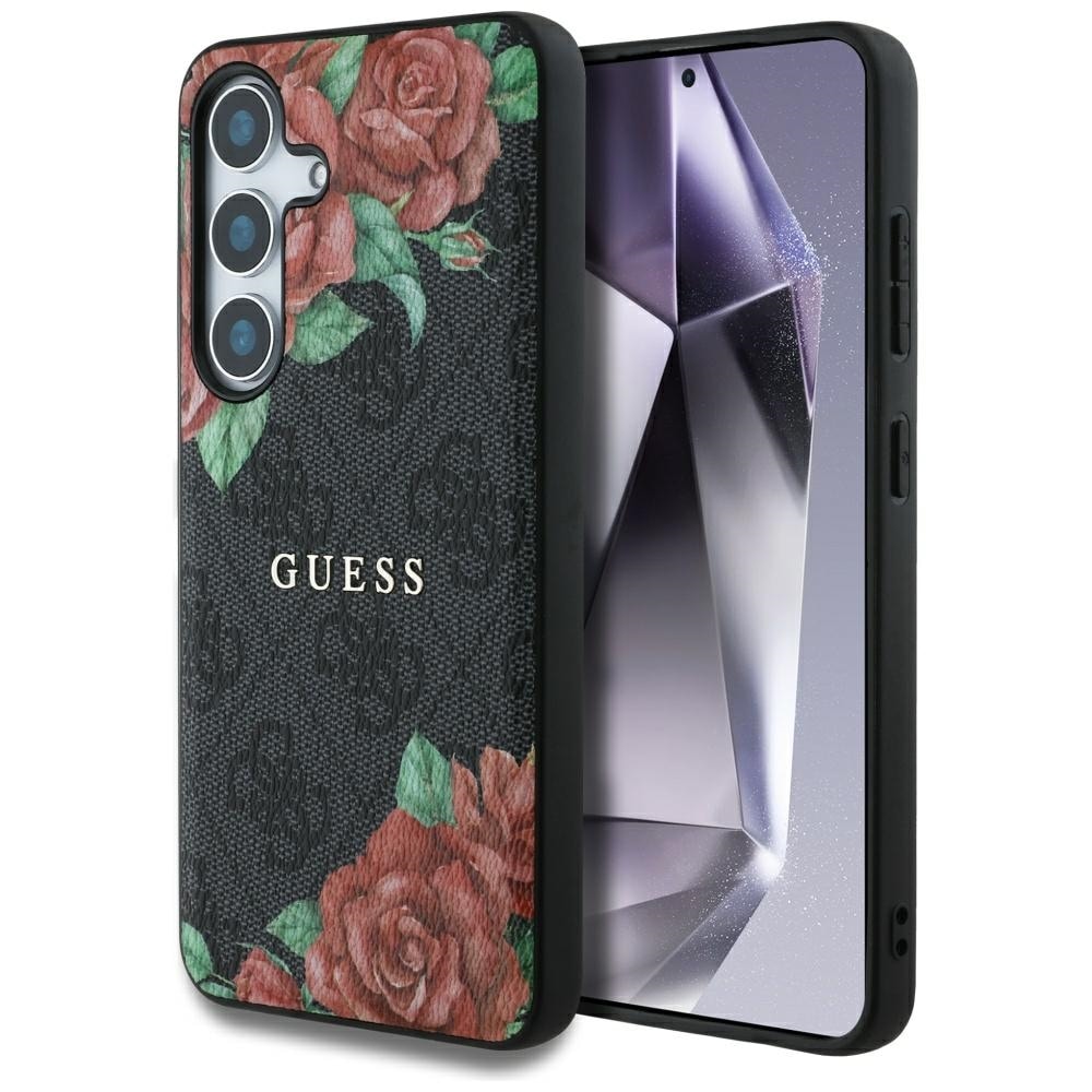 Guess Nahka 4G Flowers Print Metal Classic Logo MagSafe Kotelo Samsung Galaxy S25 - musta