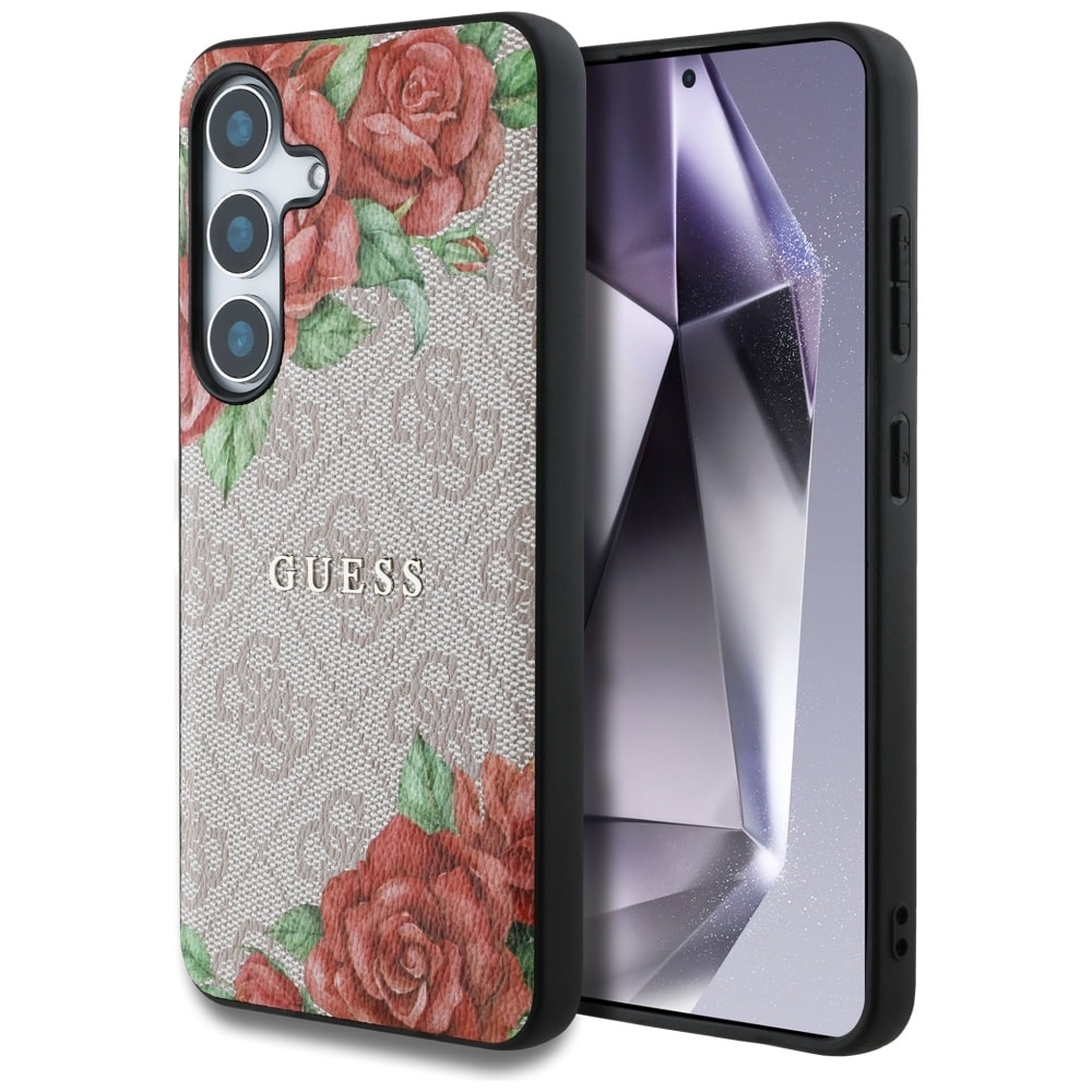 Guess Nahka 4G Flowers Print Metal Classic Logo MagSafe Kotelo Samsung Galaxy S25 - vaaleanpunainen