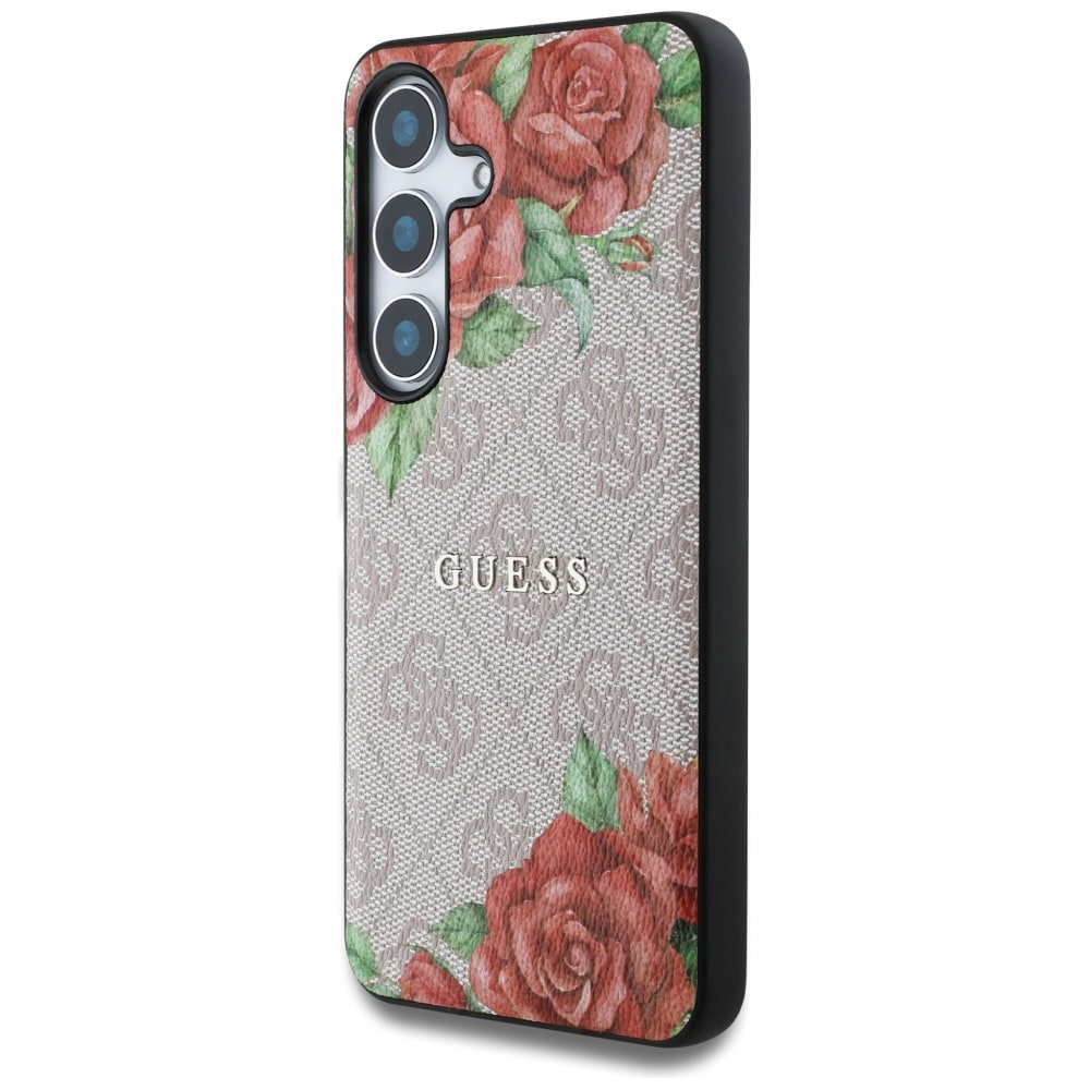 Guess Nahka 4G Flowers Print Metal Classic Logo MagSafe Kotelo Samsung Galaxy S25 - vaaleanpunainen