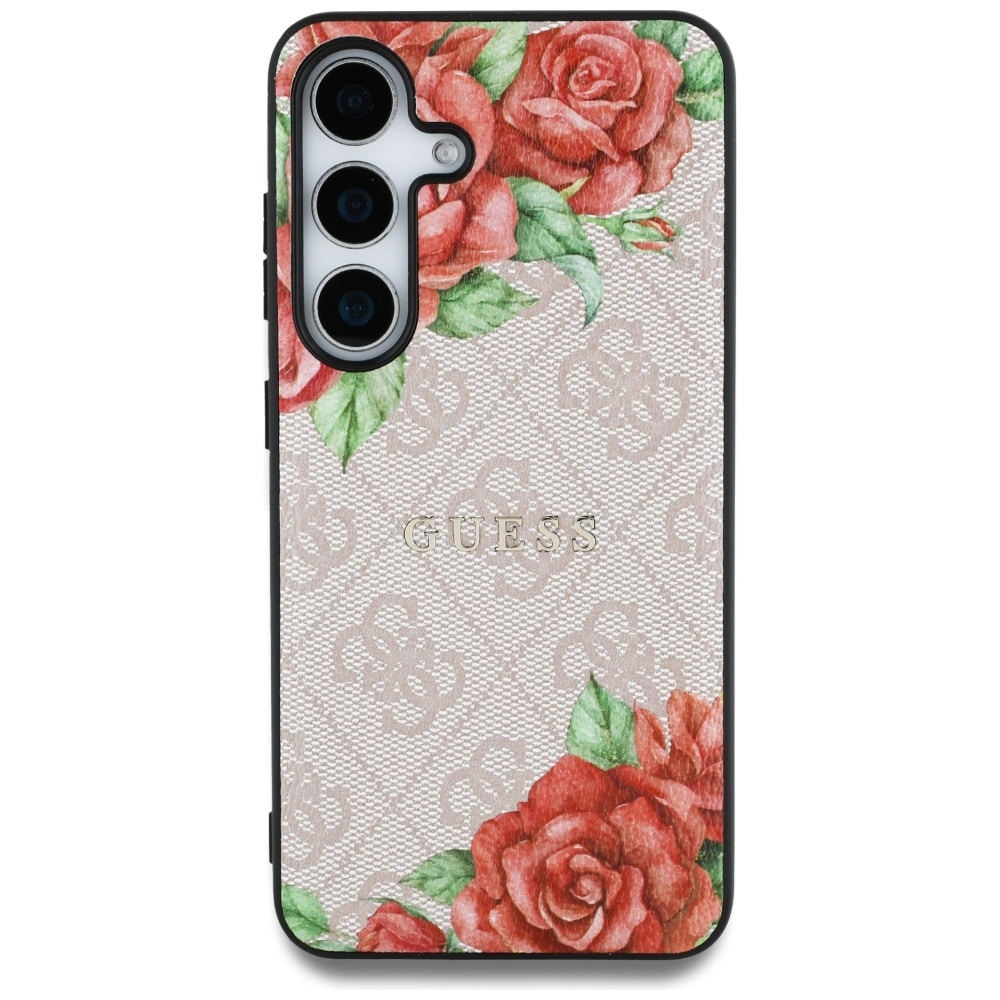 Guess Nahka 4G Flowers Print Metal Classic Logo MagSafe Kotelo Samsung Galaxy S25 - vaaleanpunainen