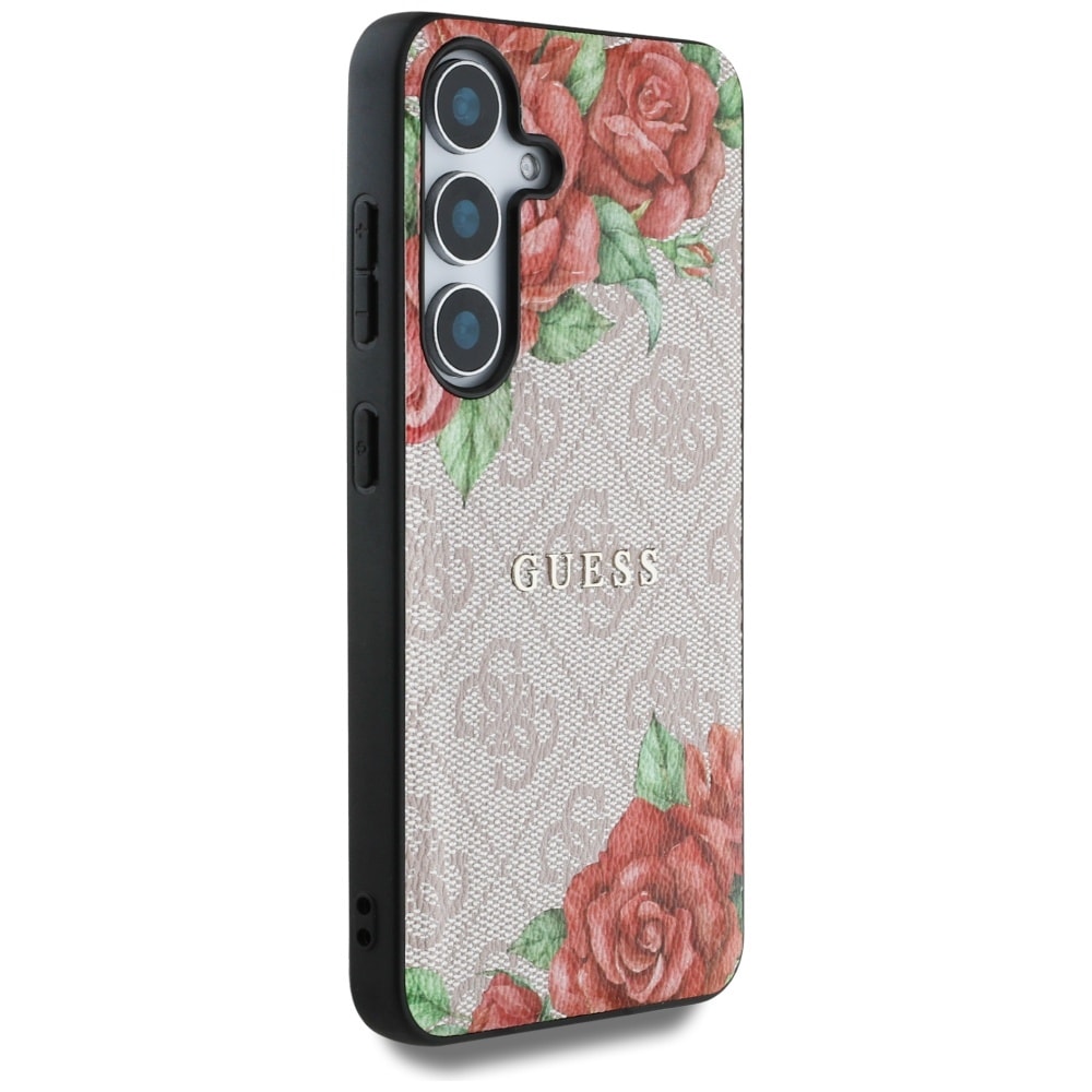Guess Nahka 4G Flowers Print Metal Classic Logo MagSafe Kotelo Samsung Galaxy S25 - vaaleanpunainen