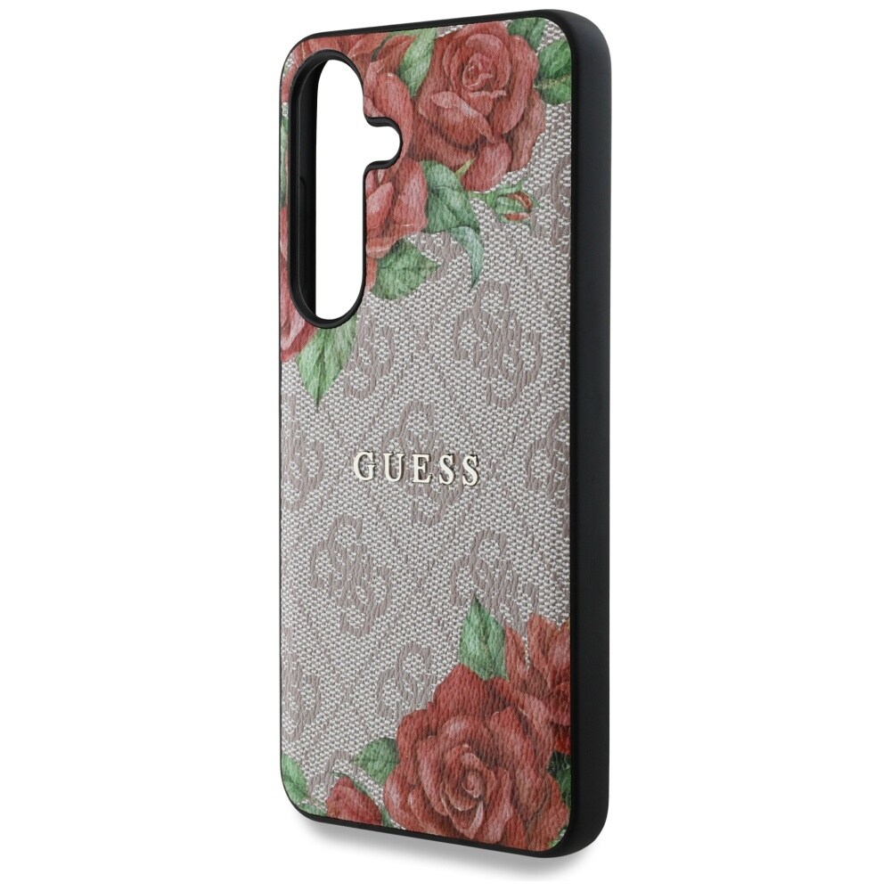 Guess Nahka 4G Flowers Print Metal Classic Logo MagSafe Kotelo Samsung Galaxy S25 - vaaleanpunainen
