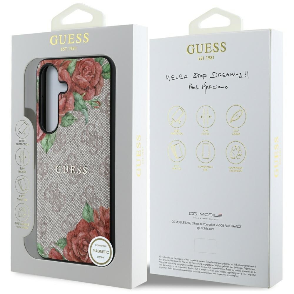 Guess Nahka 4G Flowers Print Metal Classic Logo MagSafe Kotelo Samsung Galaxy S25 - vaaleanpunainen