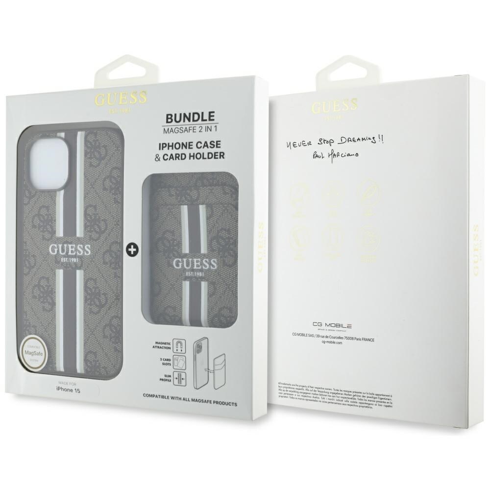 Guess 4G raidat tapauksessa Magsafe lompakko iPhone 15 ruskea
