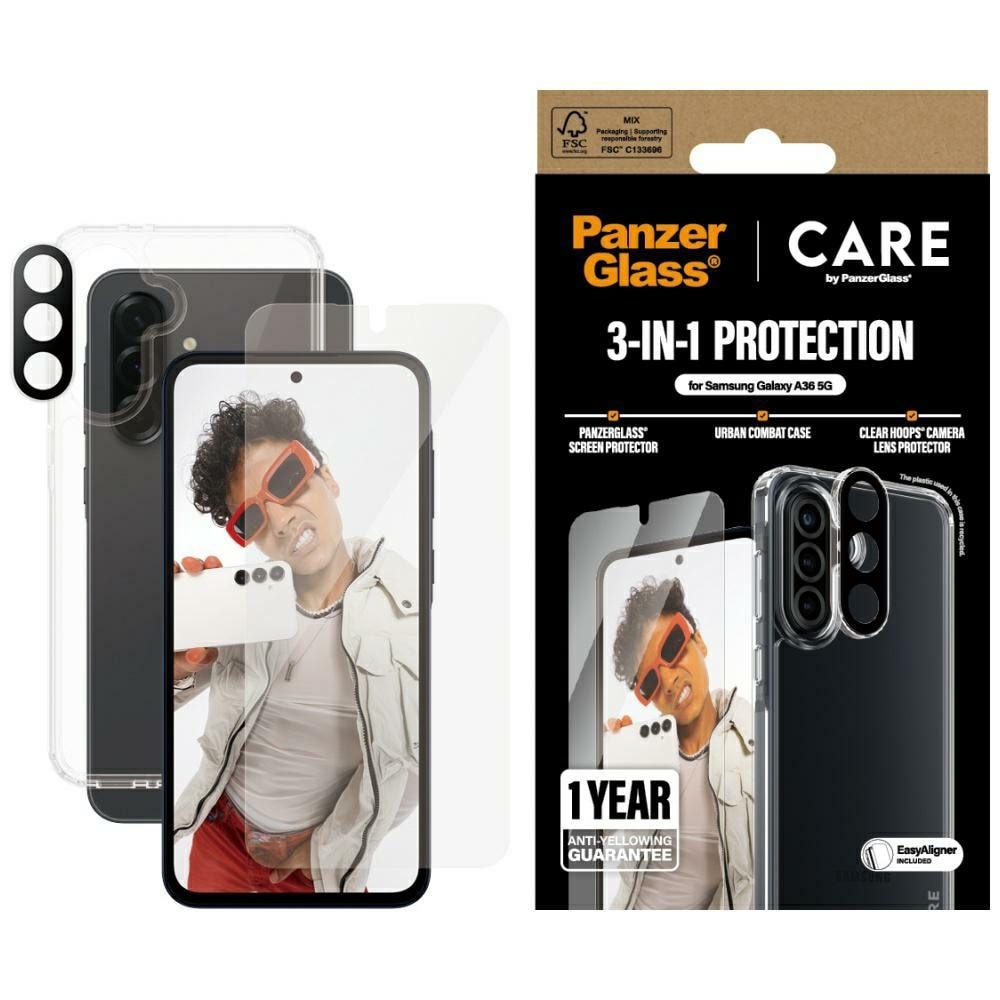 CARE by PanzerGlass 3in1 Kotelo+Lasi+Objektiivi Samsung Galaxy A36 5G - läpinäkyvä