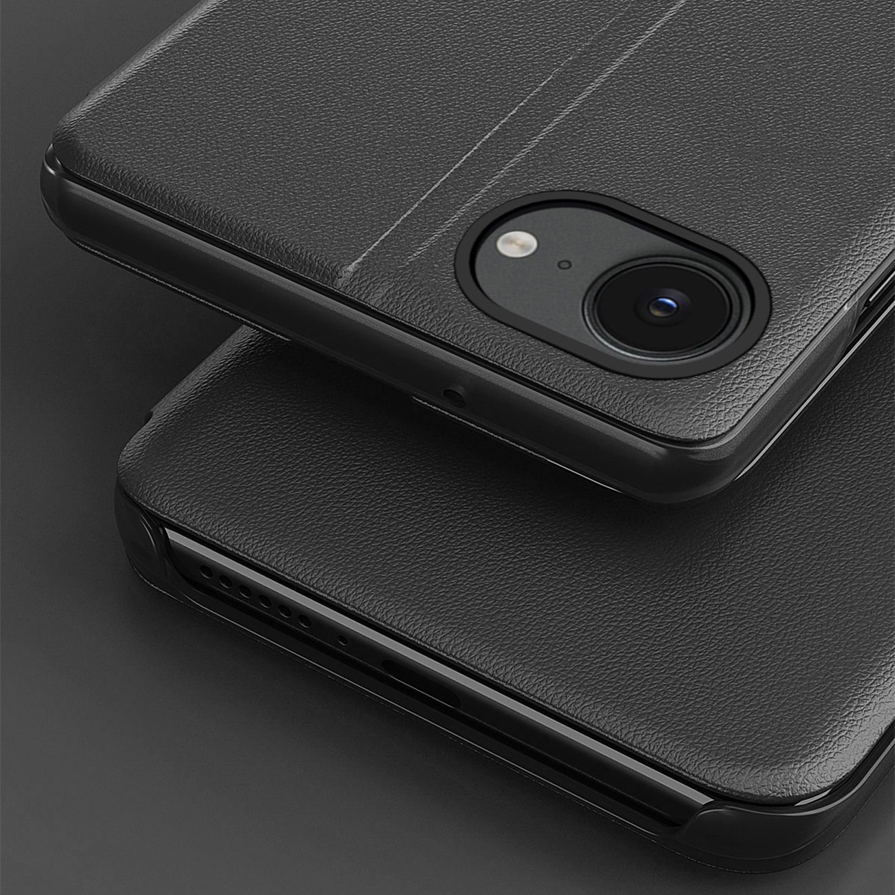 Eco Leather View Case tyylikäs kotelo, jossa on läppä ja jalusta iPhone 16e - musta