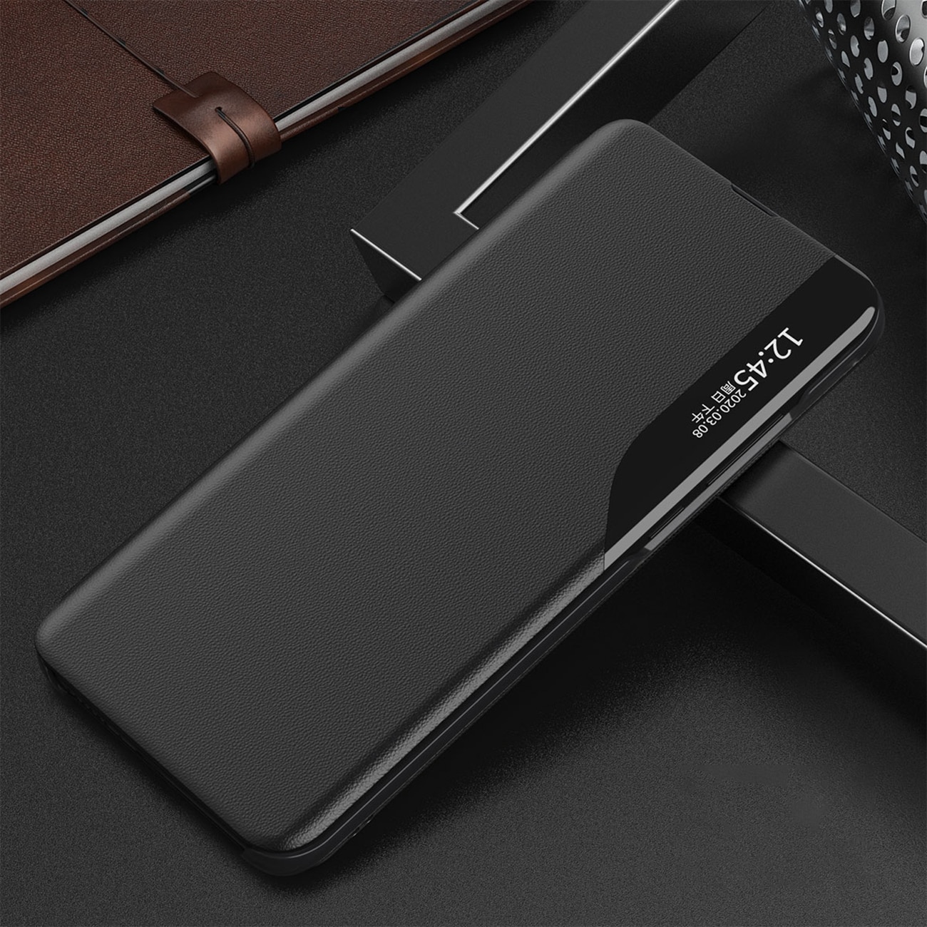 Eco Leather View Case tyylikäs kotelo, jossa on läppä ja jalusta iPhone 16e - musta