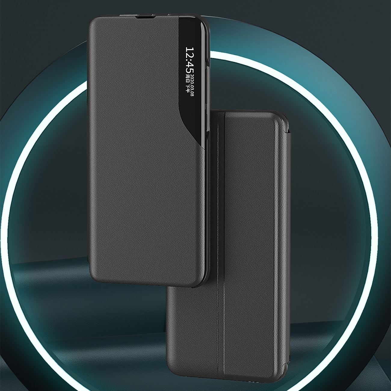 Eco Leather View Case tyylikäs kotelo, jossa on läppä ja jalusta iPhone 16e - musta