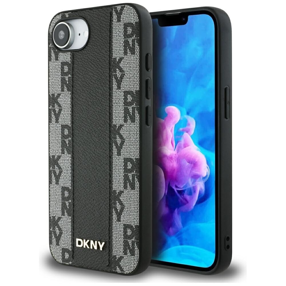 DKNY Nahkainen ruudullinen monokuvioinen MagSafe iPhone 16e -kotelo - musta