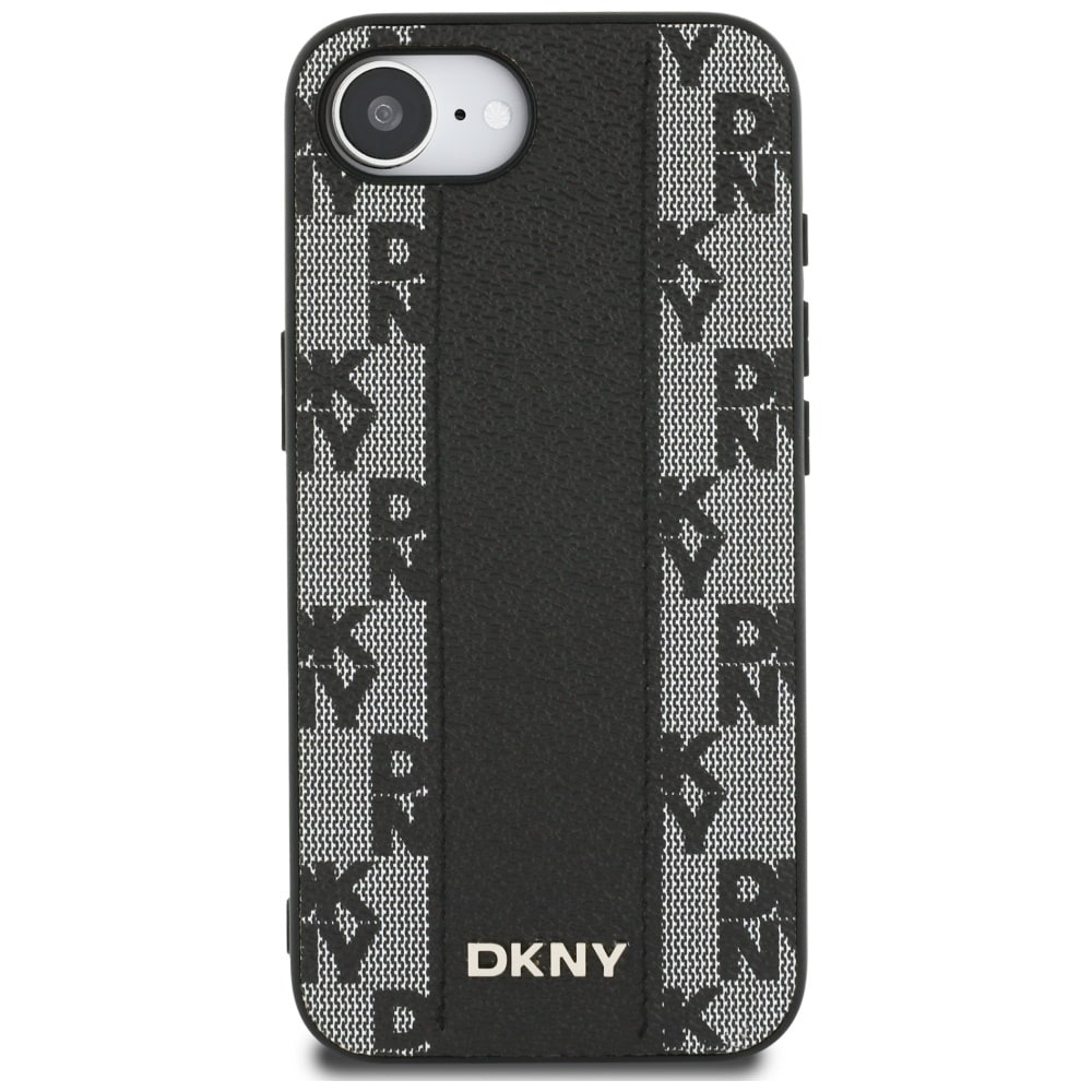 DKNY Nahkainen ruudullinen monokuvioinen MagSafe iPhone 16e -kotelo - musta