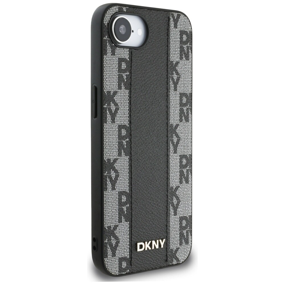 DKNY Nahkainen ruudullinen monokuvioinen MagSafe iPhone 16e -kotelo - musta