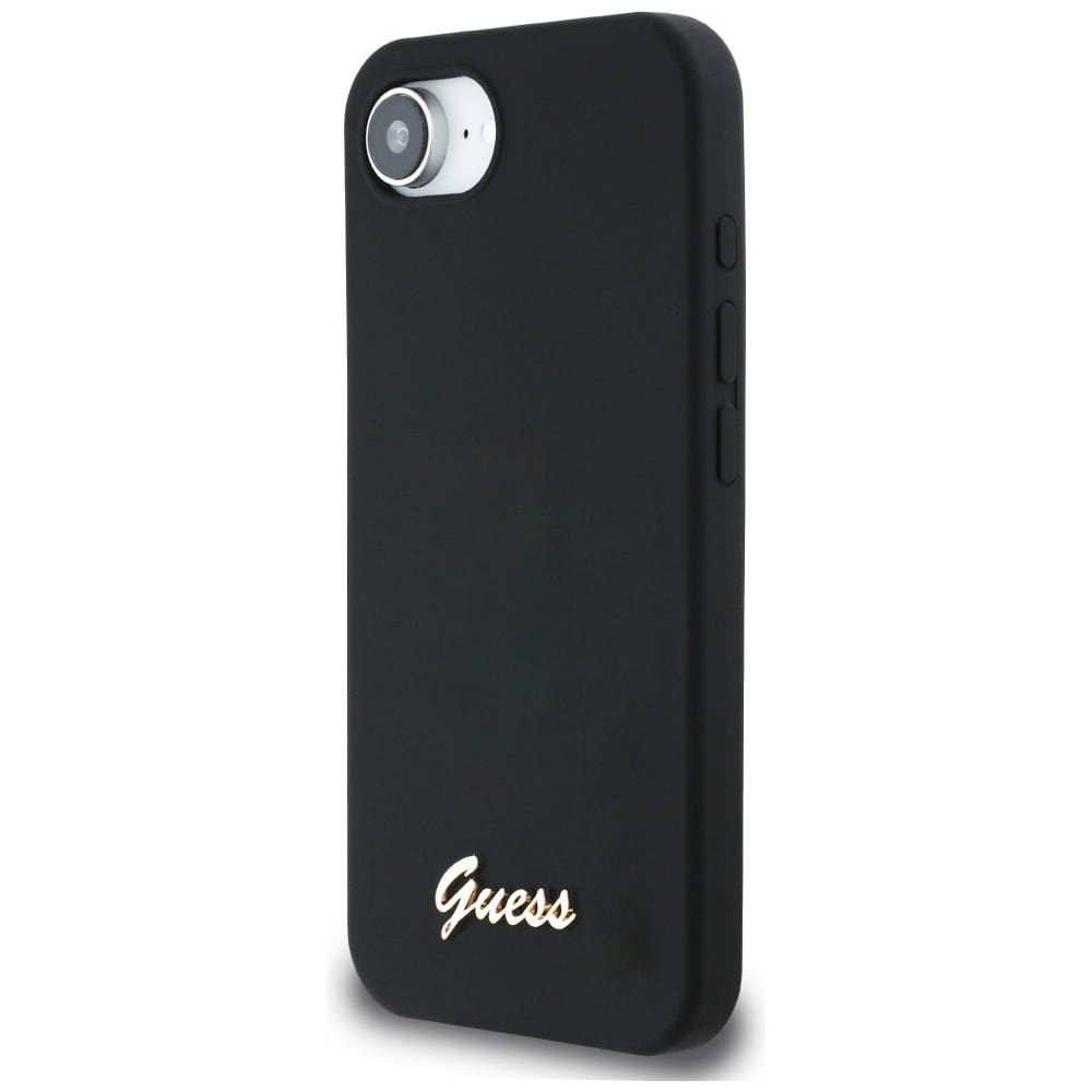 Guess Silikoni Script Metal Logo MagSafe iPhone 16e Kotelo - Musta