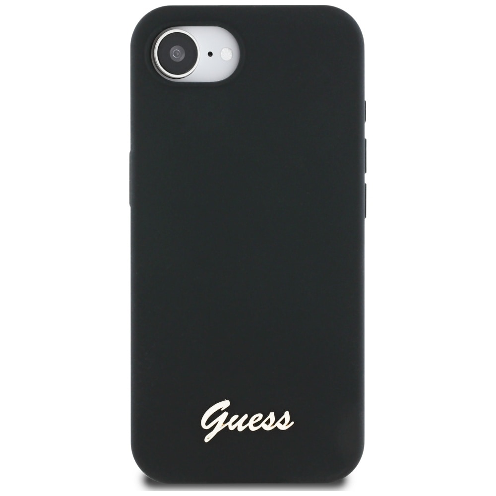 Guess Silikoni Script Metal Logo MagSafe iPhone 16e Kotelo - Musta