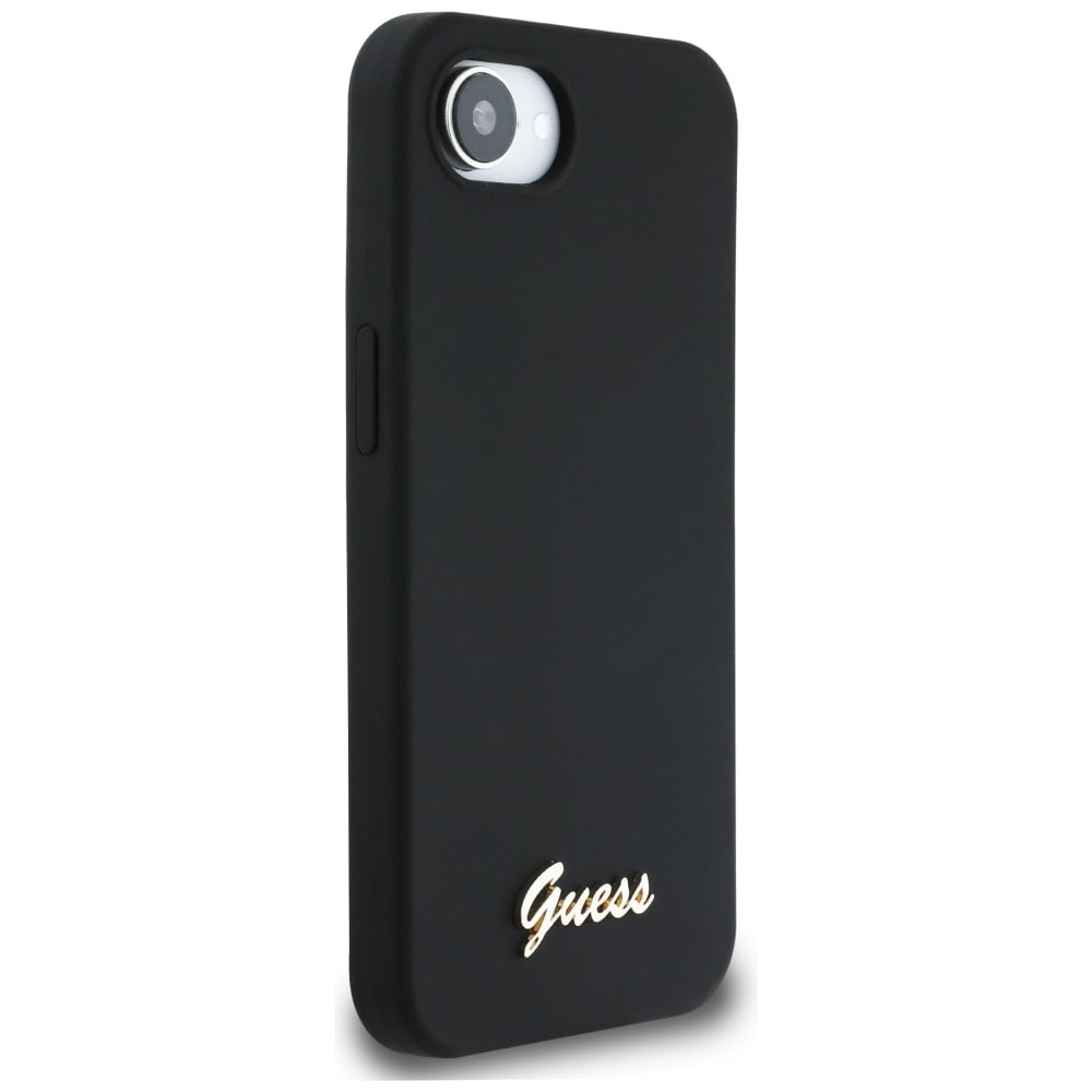 Guess Silikoni Script Metal Logo MagSafe iPhone 16e Kotelo - Musta