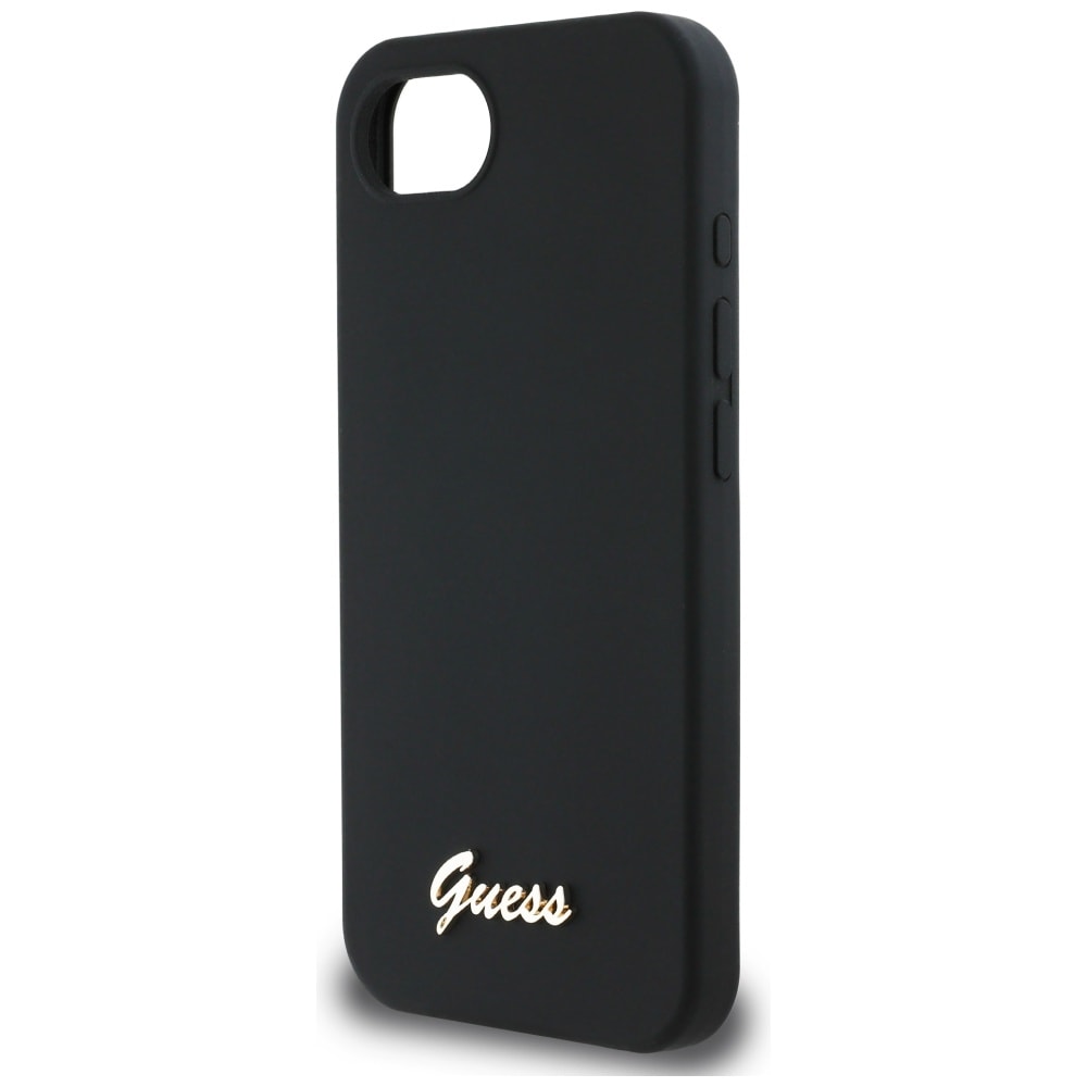 Guess Silikoni Script Metal Logo MagSafe iPhone 16e Kotelo - Musta