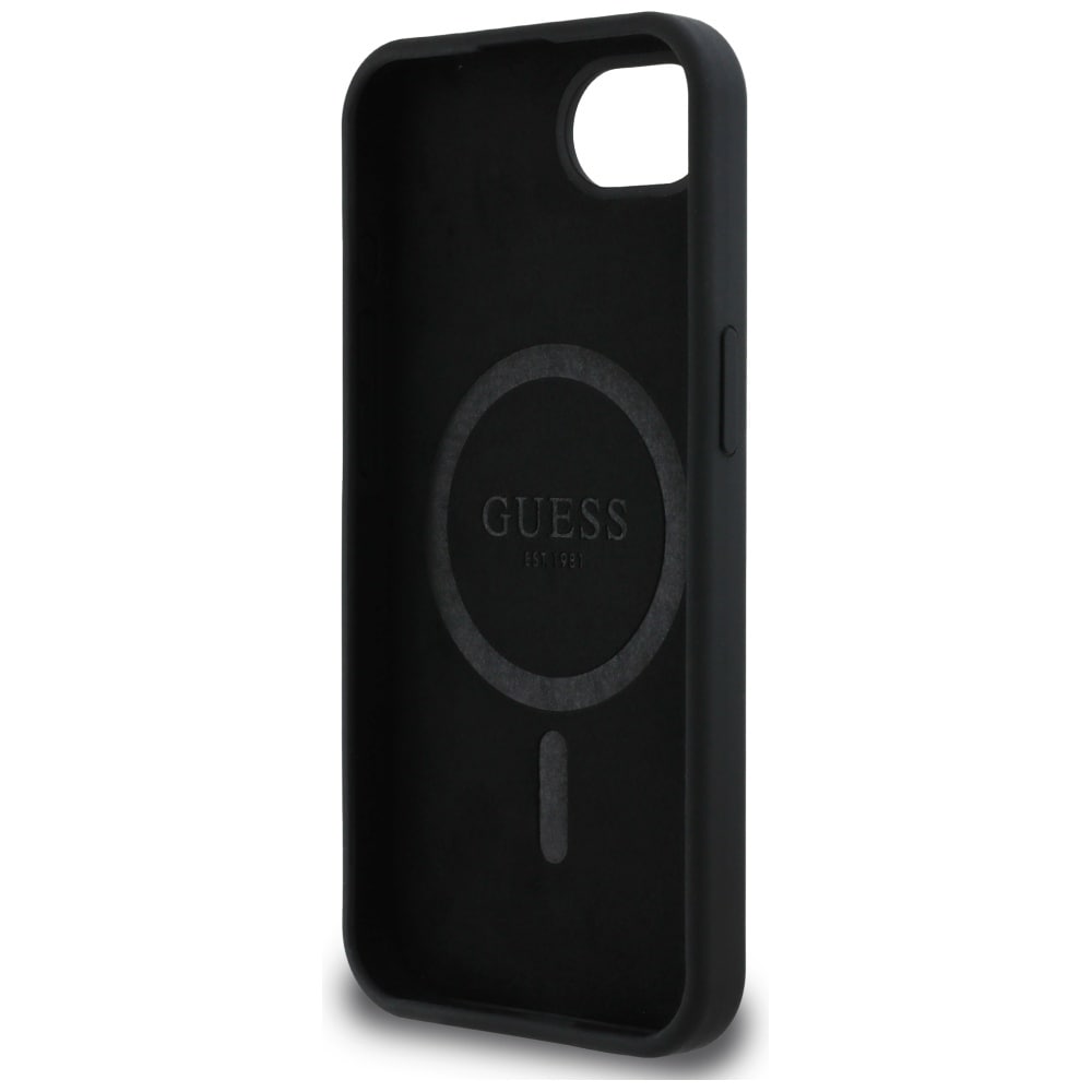 Guess Silikoni Script Metal Logo MagSafe iPhone 16e Kotelo - Musta