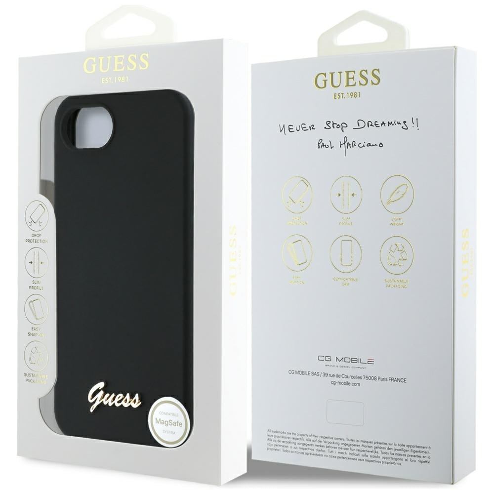 Guess Silikoni Script Metal Logo MagSafe iPhone 16e Kotelo - Musta
