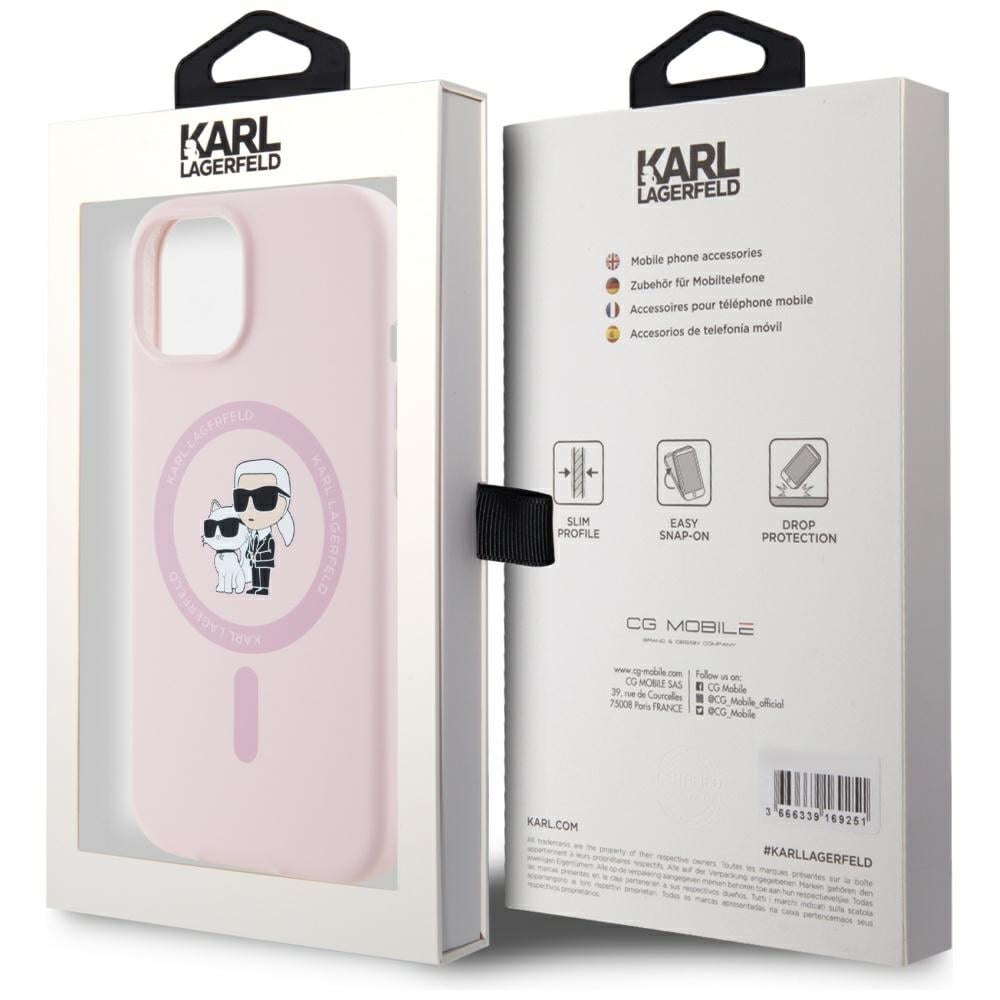 Karl Lagerfeld Silikoni Karl&Choupette MagSafe iPhone 15 Plus kotelo - vaaleanpunainen