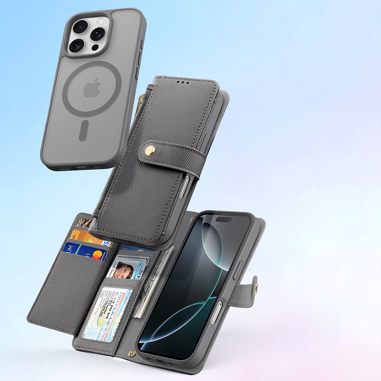Dux Ducis Lawa iPhone 16 Pro Nahkakotelo irrotettavalla magneettilompakolla - harmaa