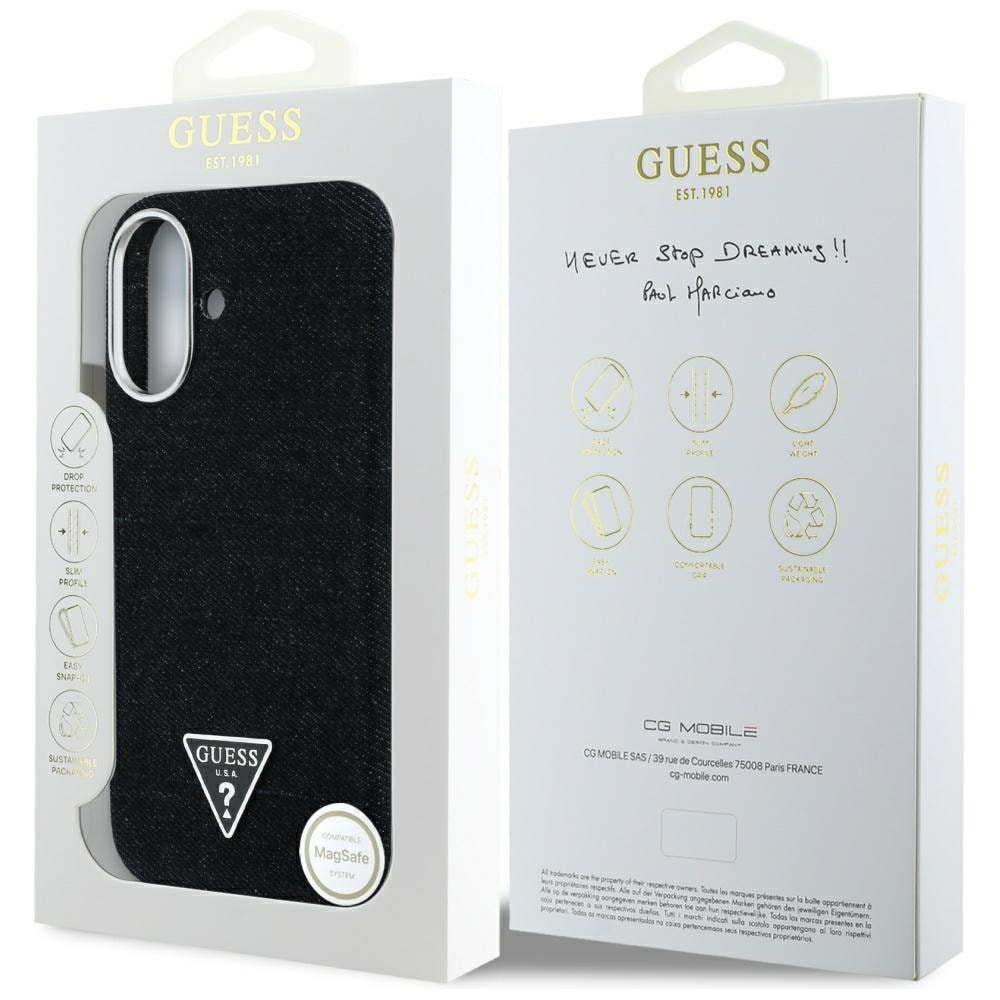 Guess Denim Triangle Logo MagSafe-kotelo iPhone 16:lle - musta
