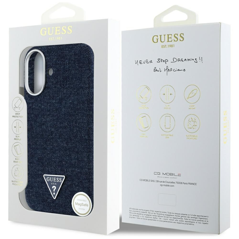 Guess Denim Triangle Logo MagSafe iPhone 16 Kotelo - sininen