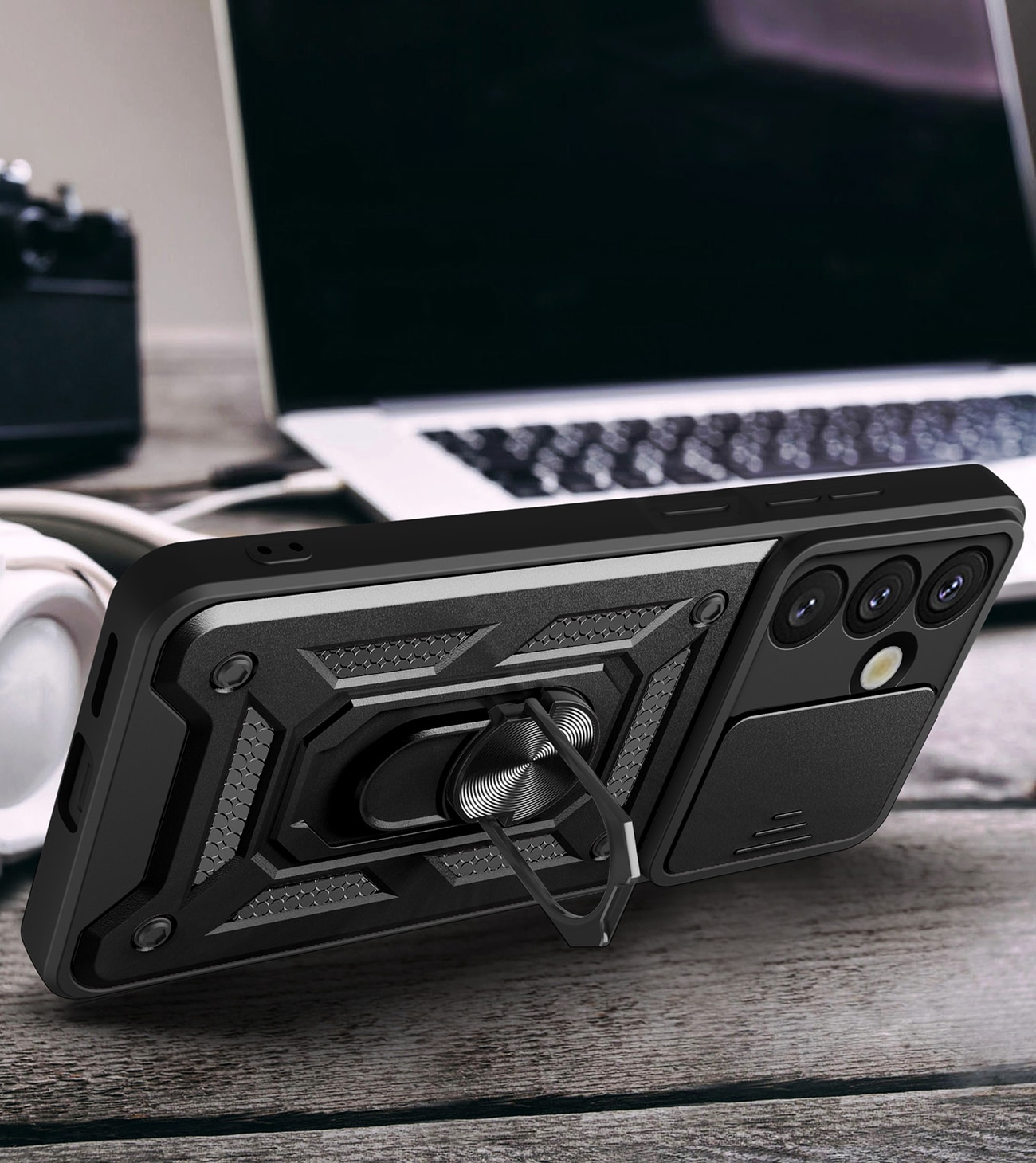 Hybrid Armor Camshield panssaroitu kotelo jalustalla ja kamerasuojalla Vivo V50 5G:lle - musta