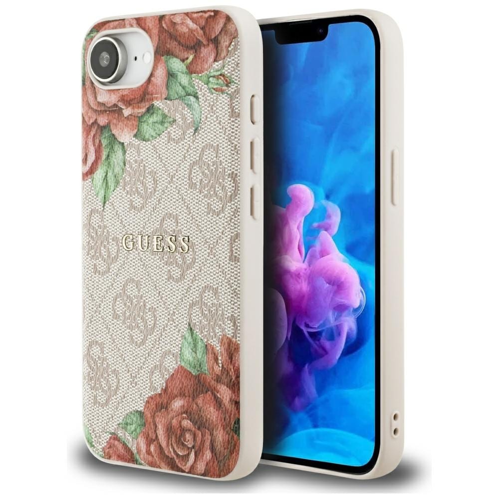 Guess 4G Flowers Print MagSafe iPhone 16e Kotelo - vaaleanpunainen