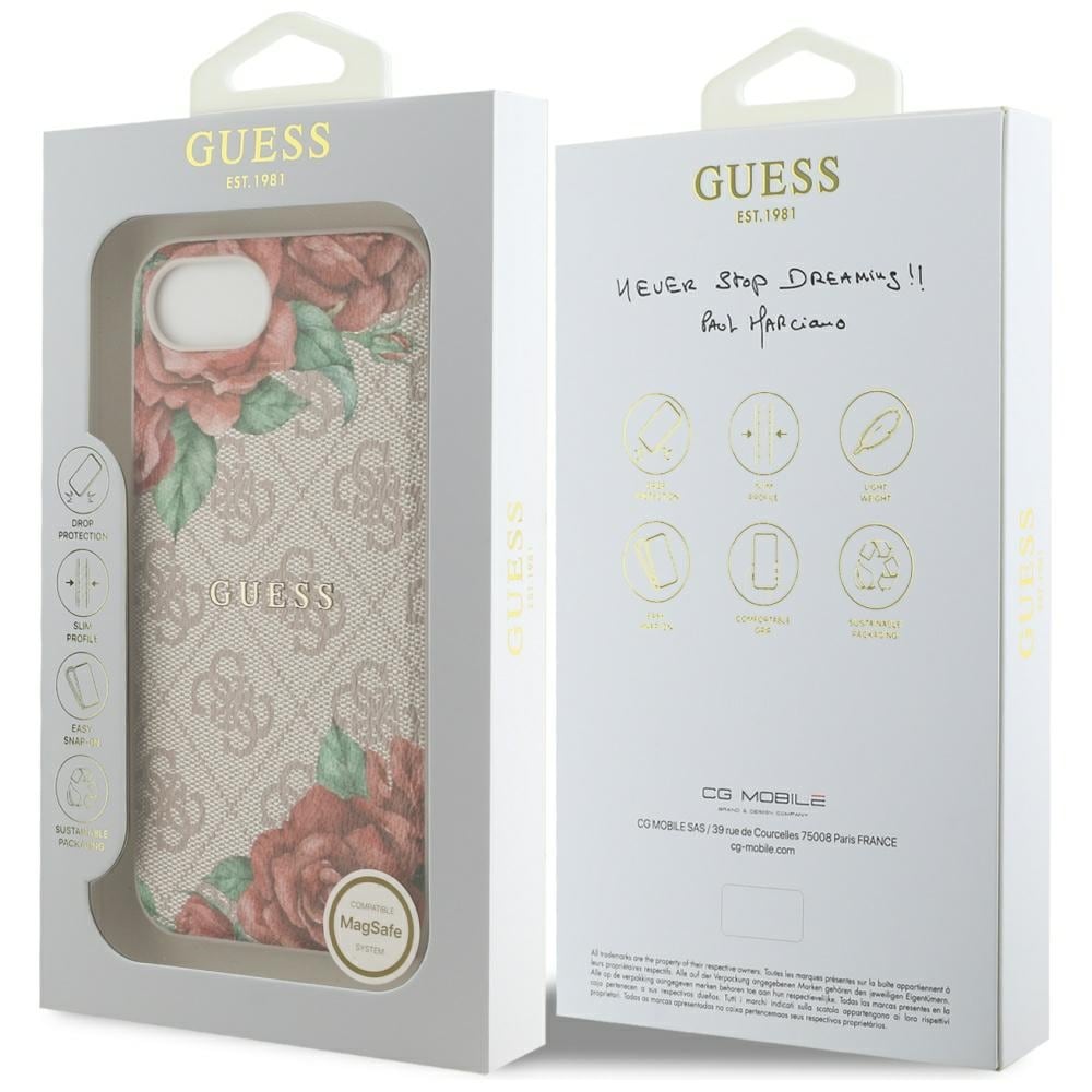 Guess 4G Flowers Print MagSafe iPhone 16e Kotelo - vaaleanpunainen