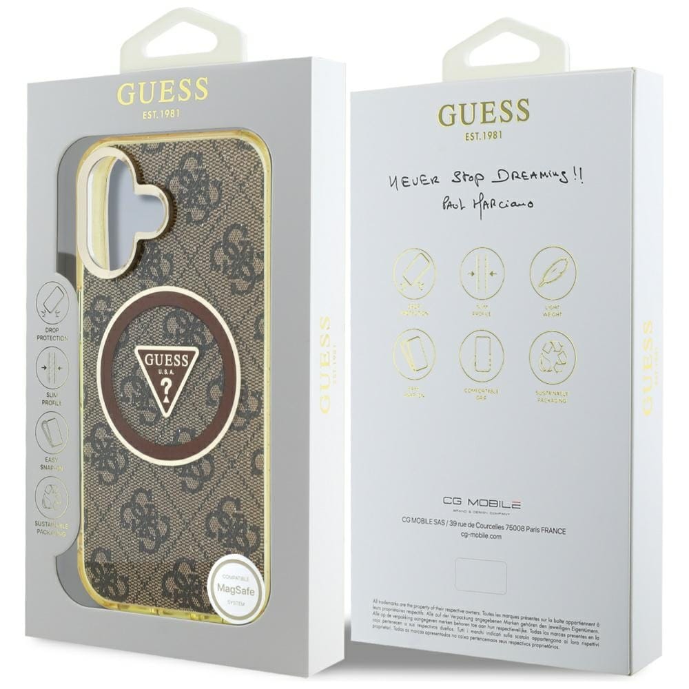 Guess IML Metal Glitter 4G Circle Triangle MagSafe Case for iPhone 16 - ruskea