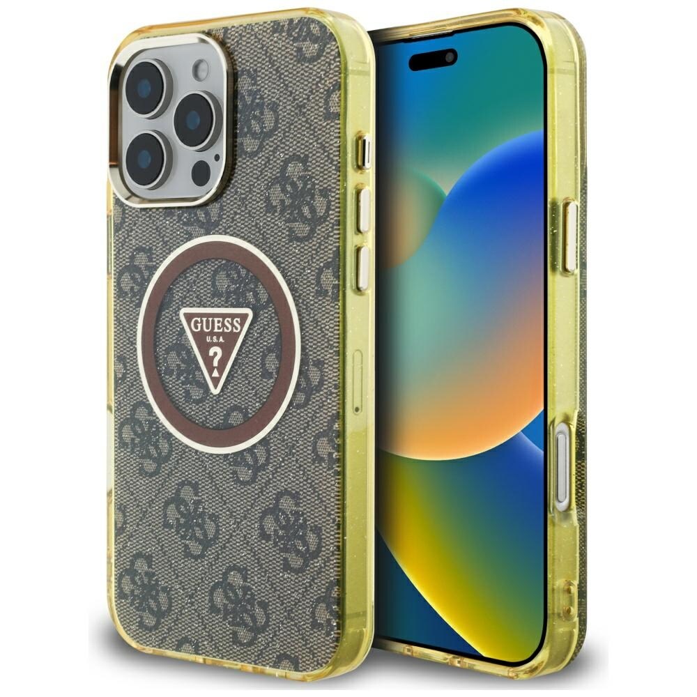 Guess IML Metal Glitter 4G Circle Triangle MagSafe Case for iPhone 16 Pro - ruskea