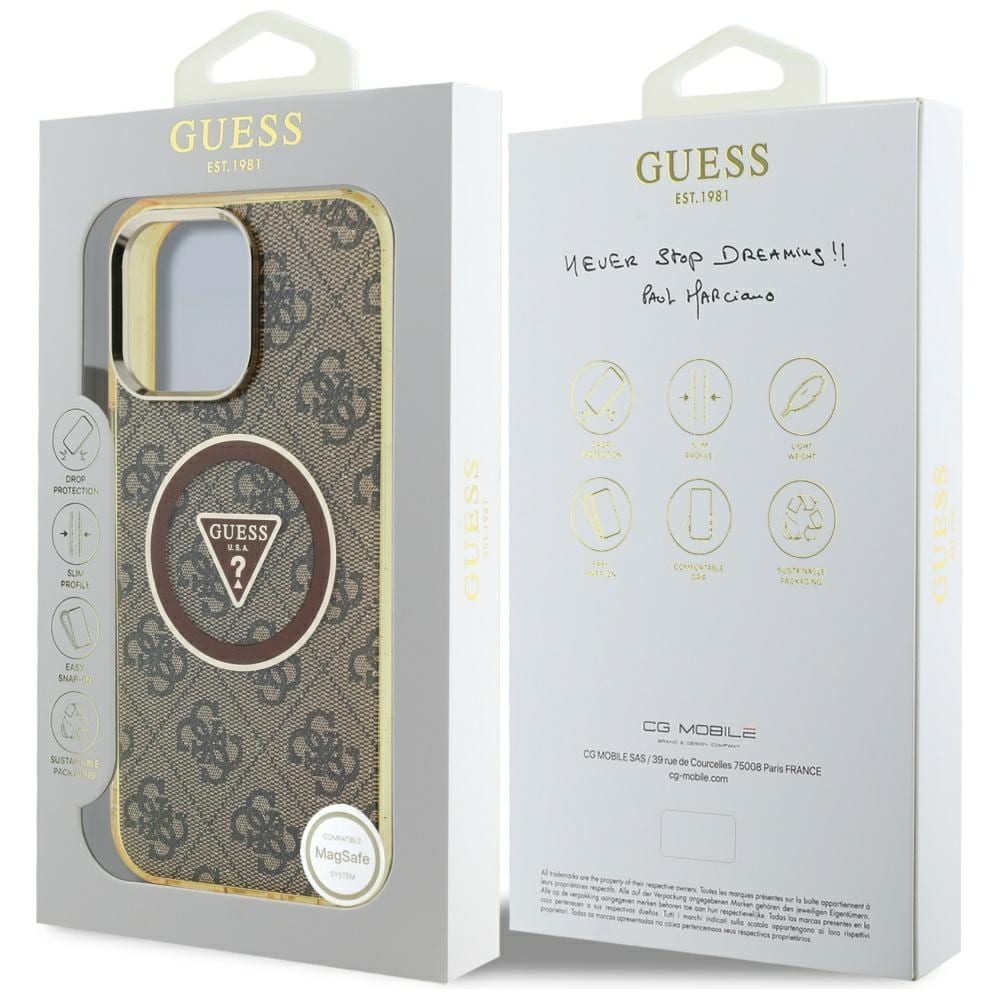 Guess IML Metal Glitter 4G Circle Triangle MagSafe Case for iPhone 16 Pro - ruskea