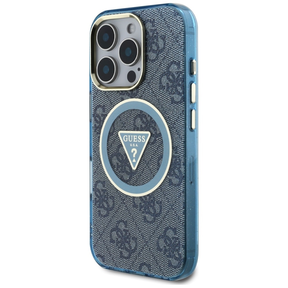 Guess IML Metal Glitter 4G Circle Triangle MagSafe Kotelo iPhone 16 Pro Max - sininen - sininen
