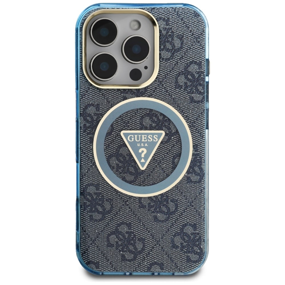 Guess IML Metal Glitter 4G Circle Triangle MagSafe Kotelo iPhone 16 Pro Max - sininen - sininen