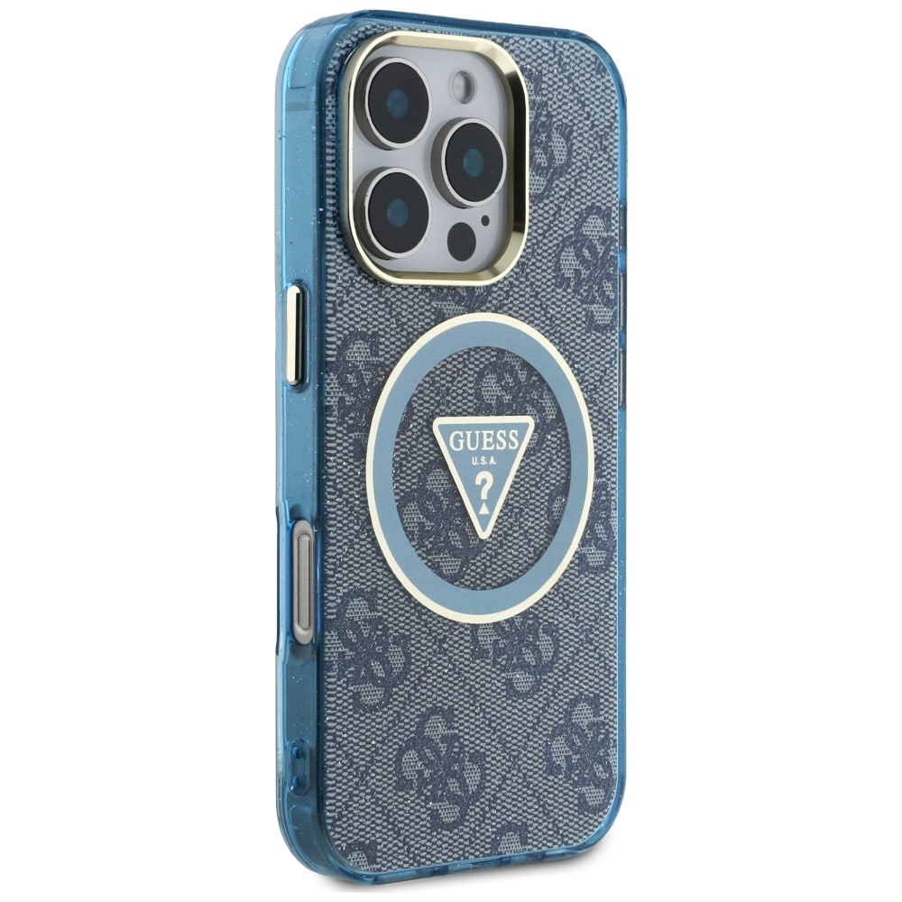 Guess IML Metal Glitter 4G Circle Triangle MagSafe Kotelo iPhone 16 Pro Max - sininen - sininen