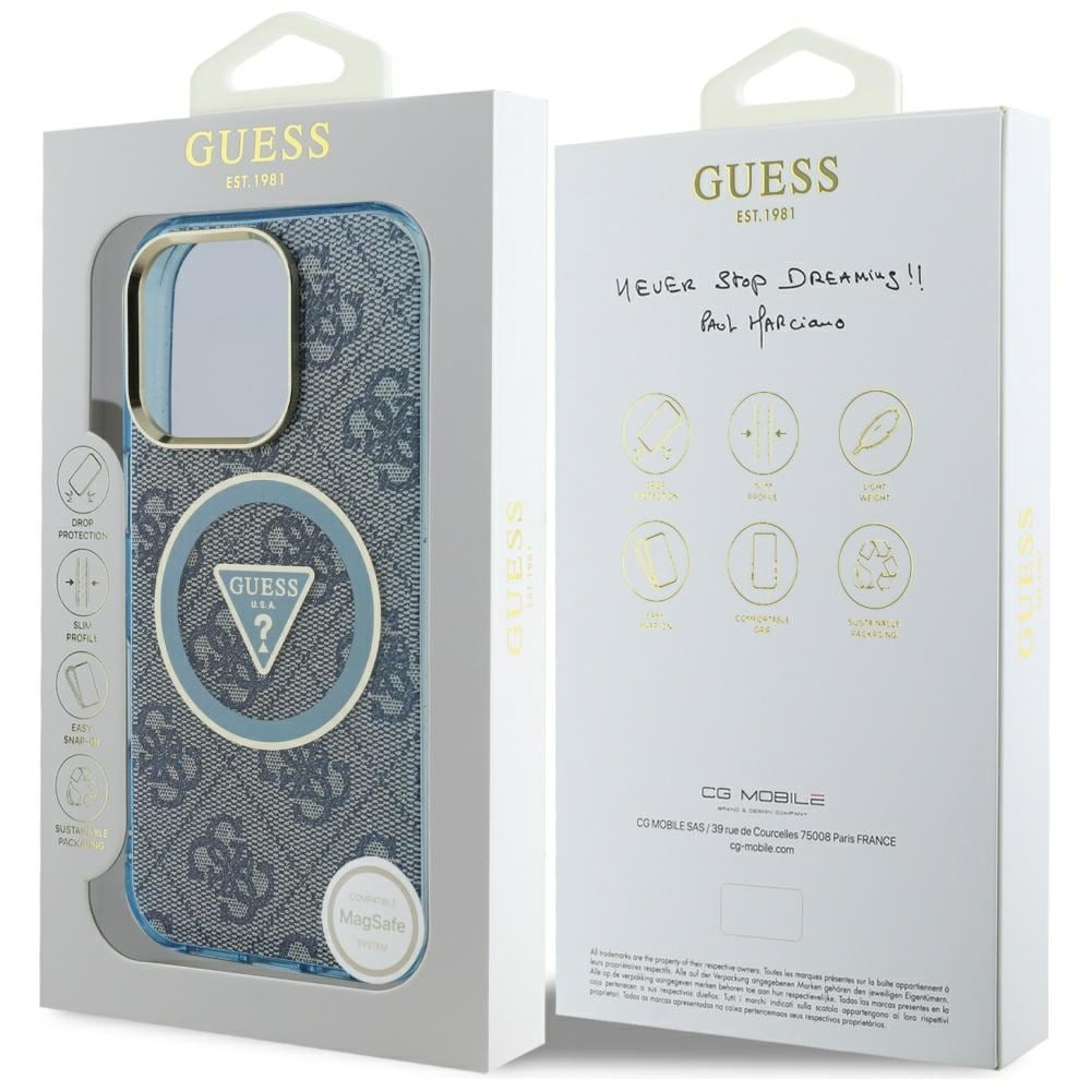 Guess IML Metal Glitter 4G Circle Triangle MagSafe Kotelo iPhone 16 Pro Max - sininen - sininen