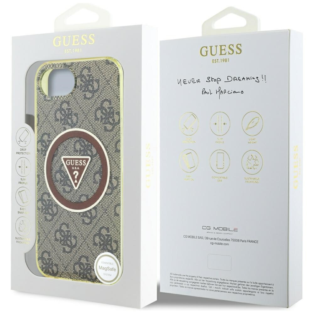 Guess IML Metal Glitter 4G Circle Triangle MagSafe kotelo iPhone 16e:lle - ruskea